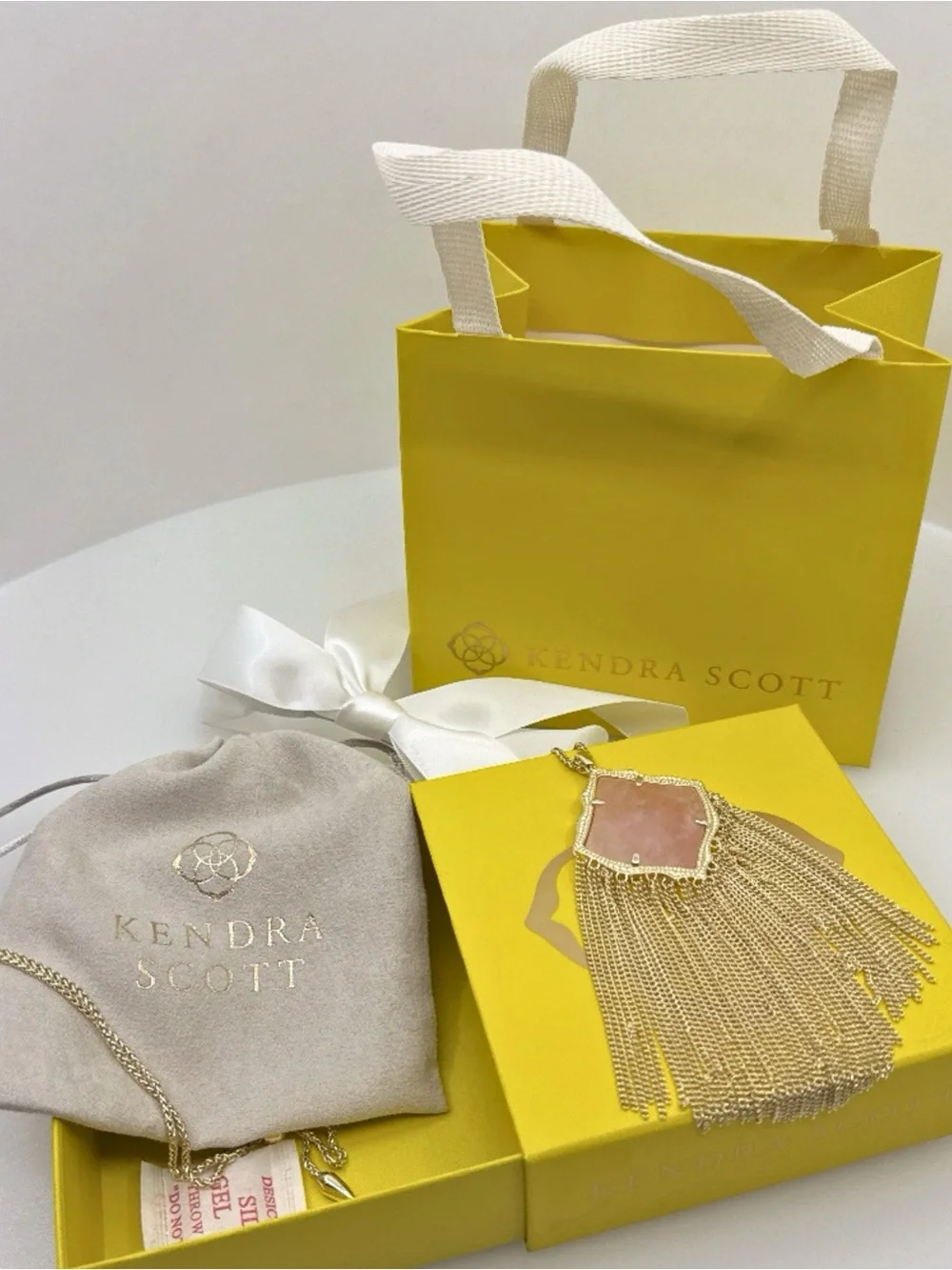 Kendra Scott Kingston Gold Long Pendant Necklace Pink Rose Quartz Gift Set